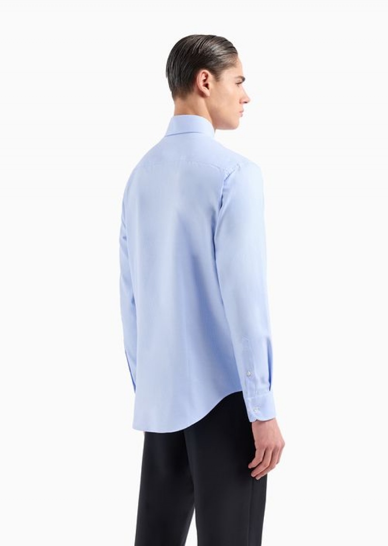 Azure Emporio Armani Textured Cotton Shirt With Micro Houndstooth Motif | EA-SN57894