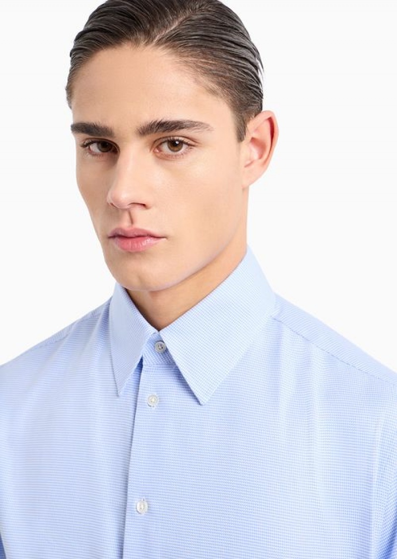 Azure Emporio Armani Textured Cotton Shirt With Micro Houndstooth Motif | EA-SN57894