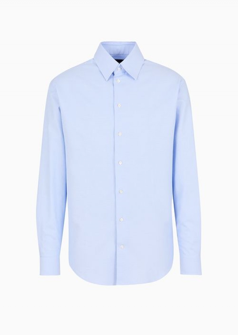 Azure Emporio Armani Textured Cotton Shirt With Micro Houndstooth Motif | EA-SN57894