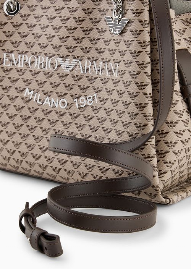 Beige Emporio Armani All-over Eagle Handbag With Milano 1981 Logo Print | EA-SN57426