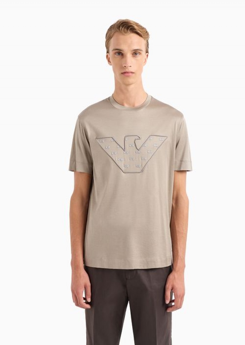 Beige Emporio Armani Asv Lyocell-blend Jersey T-shirt With Embroidered Oversized Eagle With Internal Micro Eagles | EA-SN58586