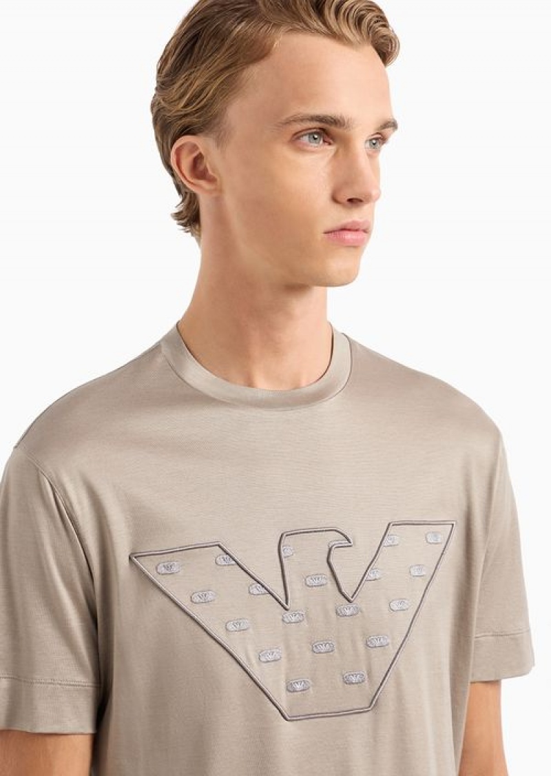 Beige Emporio Armani Asv Lyocell-blend Jersey T-shirt With Embroidered Oversized Eagle With Internal Micro Eagles | EA-SN58586