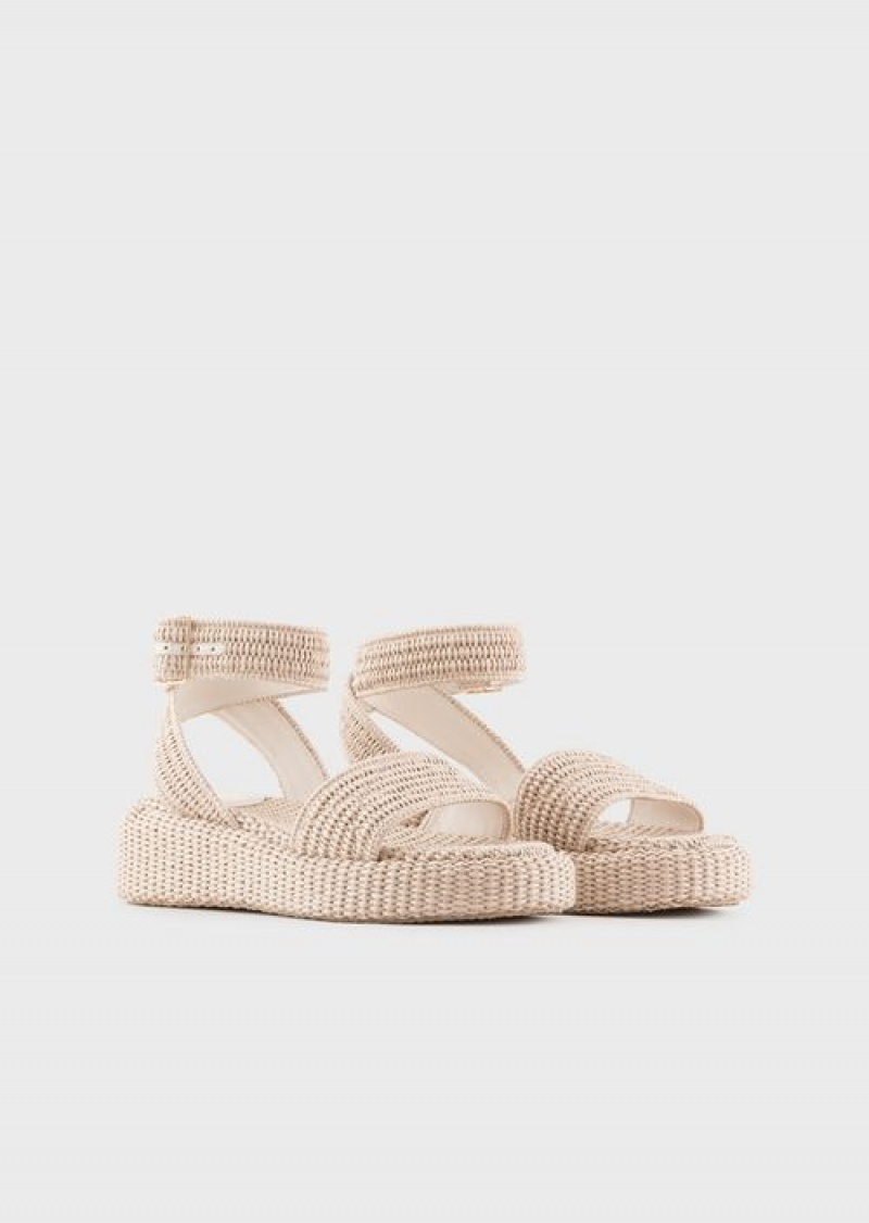 Beige Emporio Armani Braided Raffia Strap Sandals | EA-SN57174