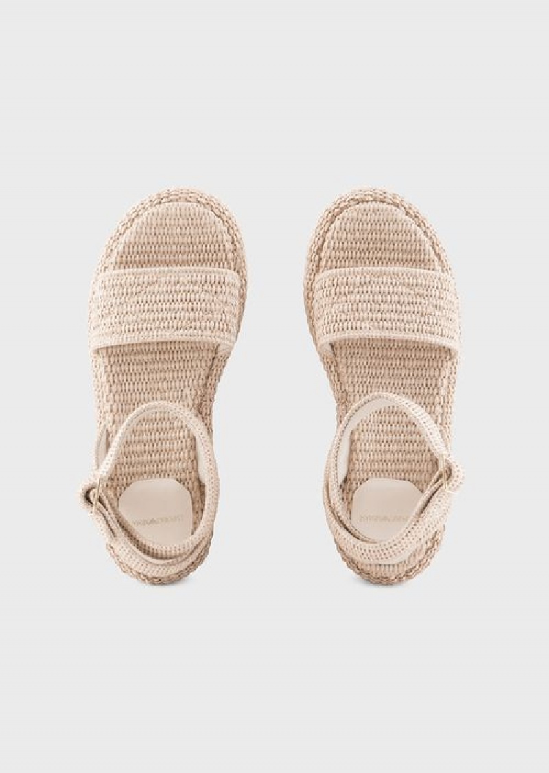 Beige Emporio Armani Braided Raffia Strap Sandals | EA-SN57174