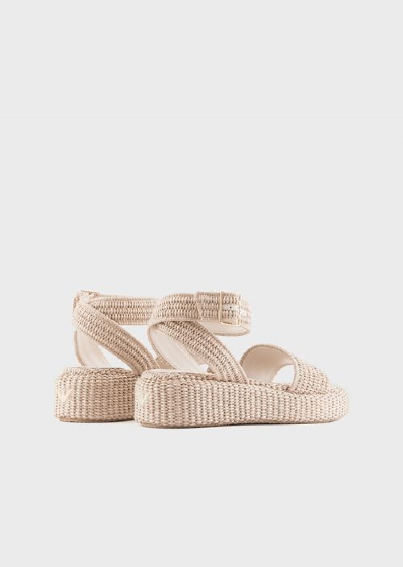 Beige Emporio Armani Braided Raffia Strap Sandals | EA-SN57174