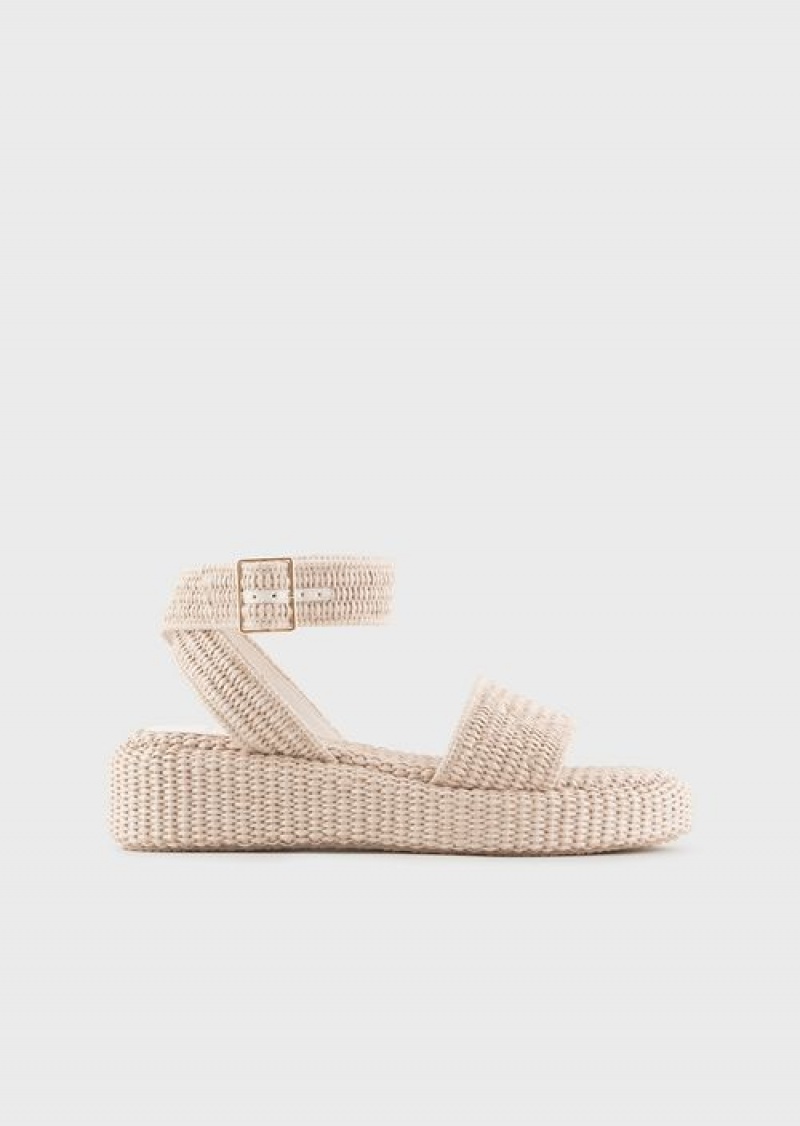 Beige Emporio Armani Braided Raffia Strap Sandals | EA-SN57174