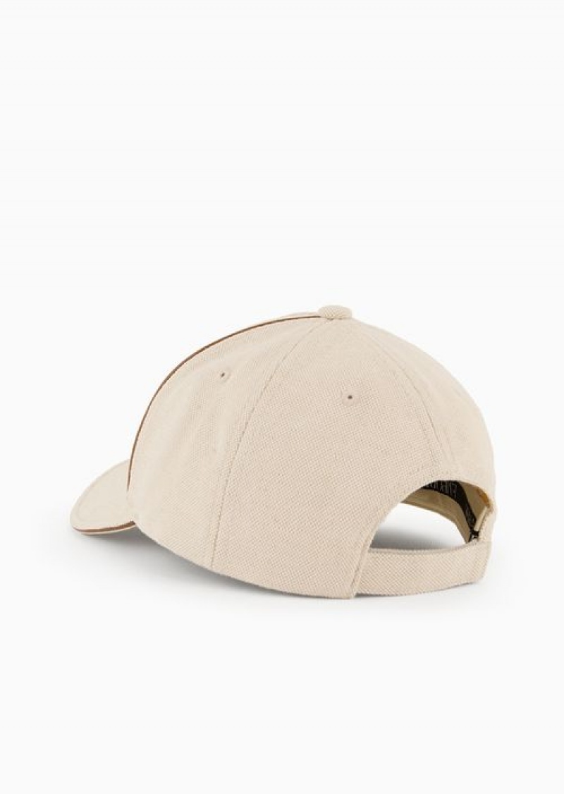 Beige Emporio Armani Canvas Baseball Cap With Oversized Embroidered Logo | EA-SN57480