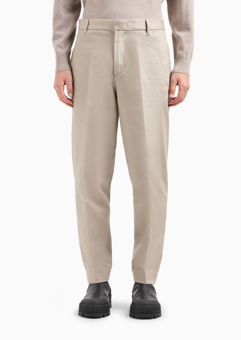 Beige Emporio Armani Cotton Twill Wide Trousers With Pleat | EA-SN58388