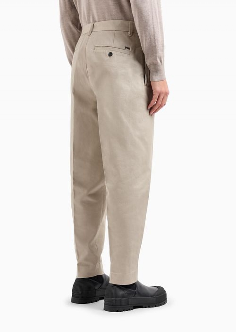 Beige Emporio Armani Cotton Twill Wide Trousers With Pleat | EA-SN58388