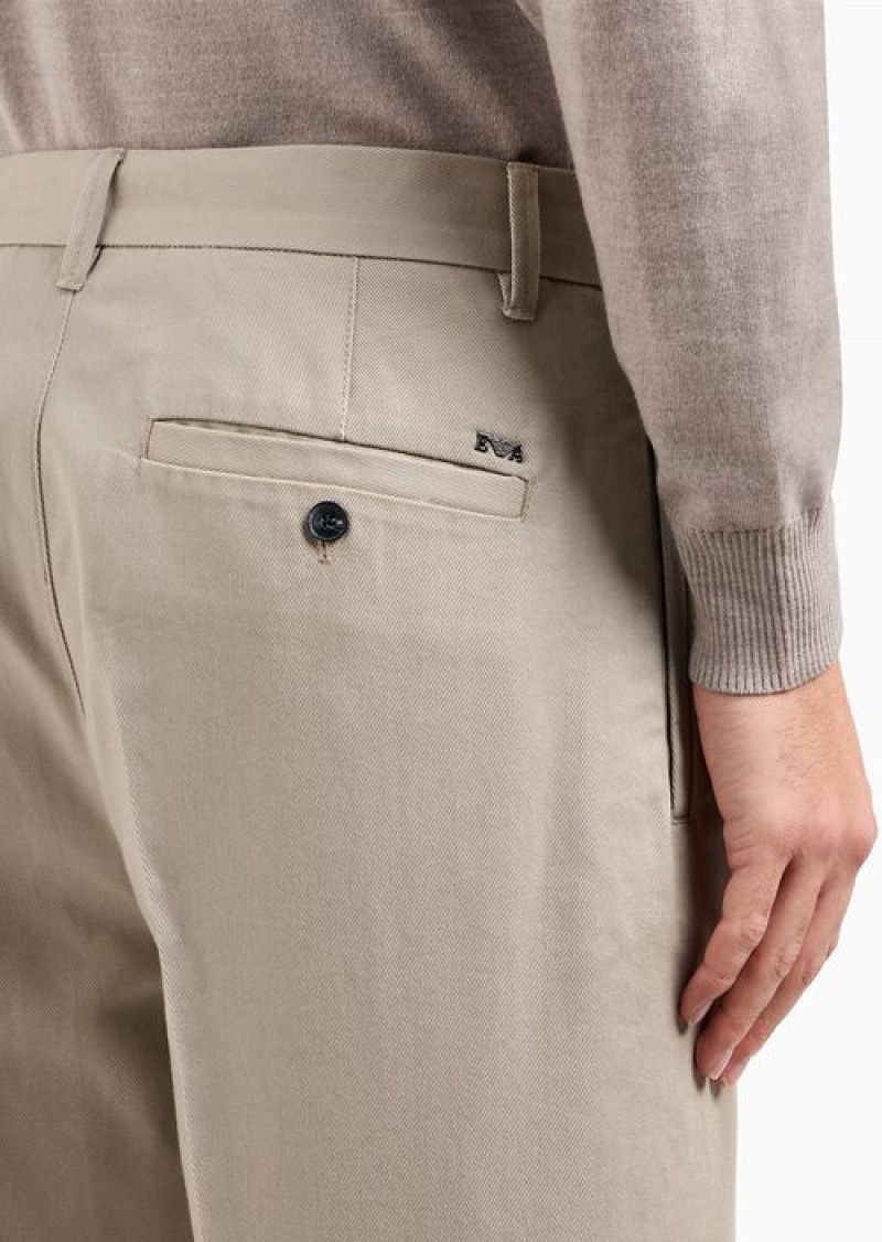 Beige Emporio Armani Cotton Twill Wide Trousers With Pleat | EA-SN58388