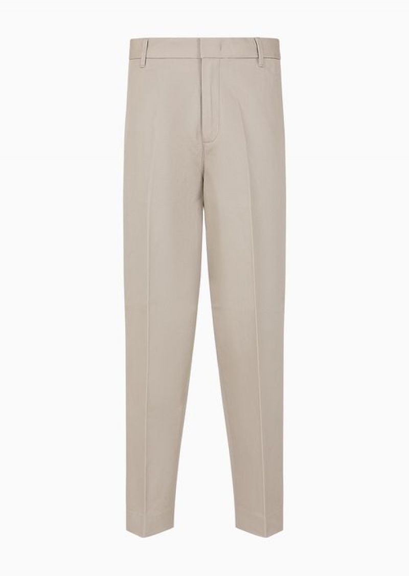 Beige Emporio Armani Cotton Twill Wide Trousers With Pleat | EA-SN58388