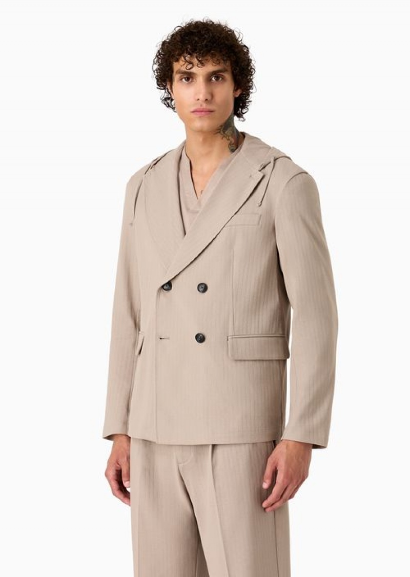 Beige Emporio Armani Double-breasted Jacket With Hood In Jacquard Jersey | EA-SN57832