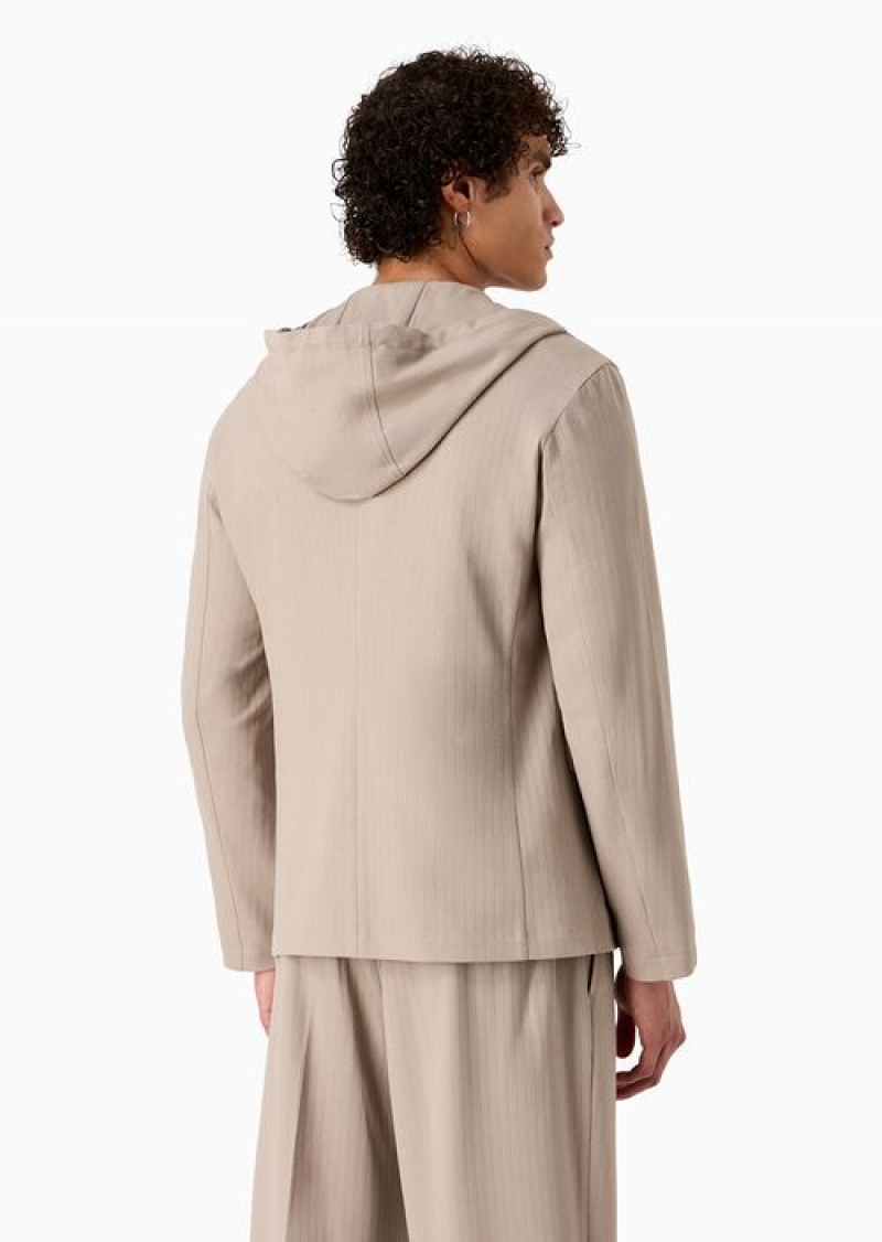 Beige Emporio Armani Double-breasted Jacket With Hood In Jacquard Jersey | EA-SN57832