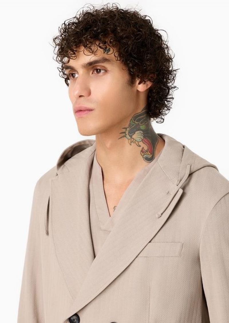 Beige Emporio Armani Double-breasted Jacket With Hood In Jacquard Jersey | EA-SN57832