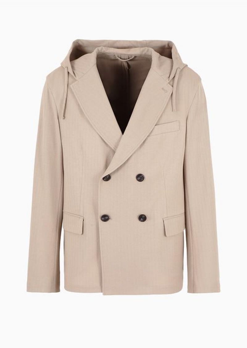 Beige Emporio Armani Double-breasted Jacket With Hood In Jacquard Jersey | EA-SN57832