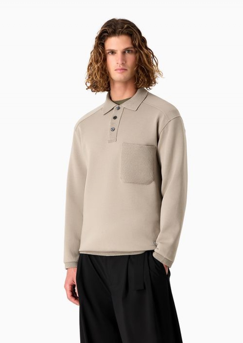 Beige Emporio Armani Double-jersey Oversized Sweatshirt With Polo-shirt Collar, Pocket And Knit Trim | EA-SN58502