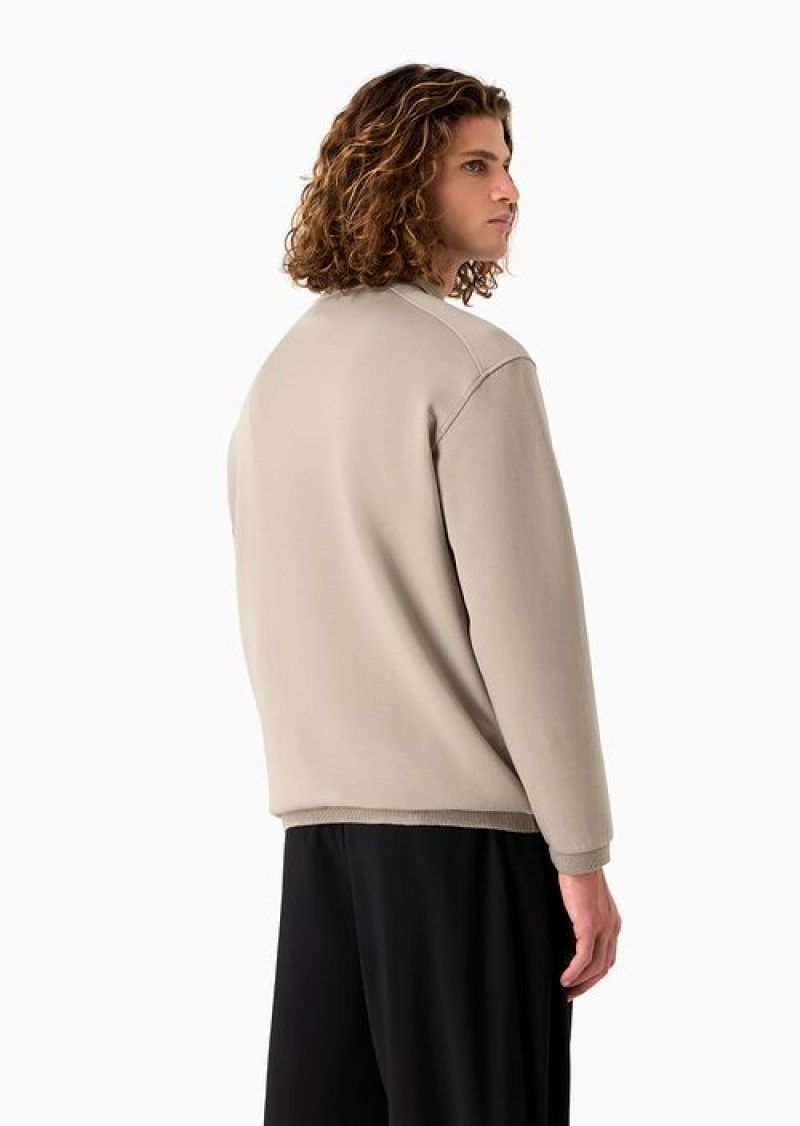 Beige Emporio Armani Double-jersey Oversized Sweatshirt With Polo-shirt Collar, Pocket And Knit Trim | EA-SN58502