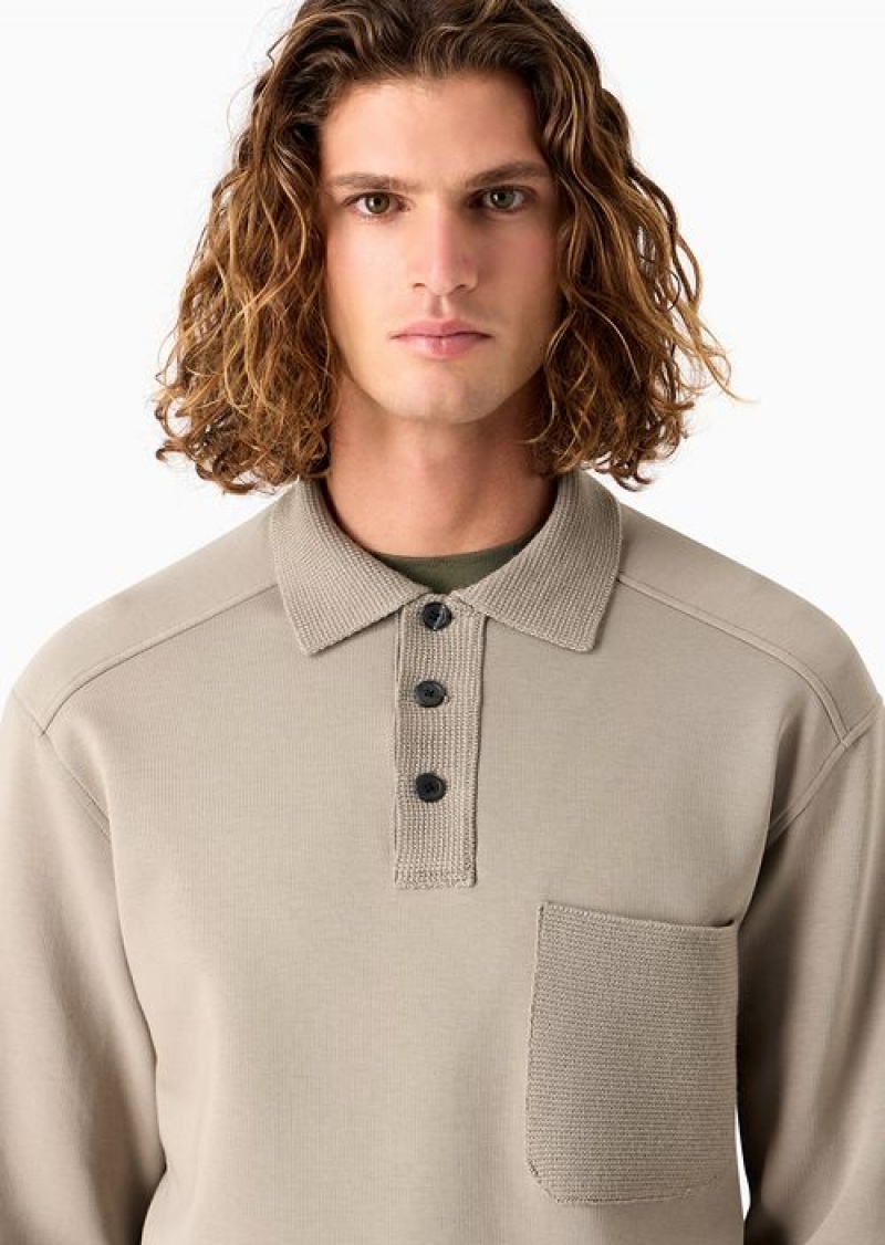 Beige Emporio Armani Double-jersey Oversized Sweatshirt With Polo-shirt Collar, Pocket And Knit Trim | EA-SN58502