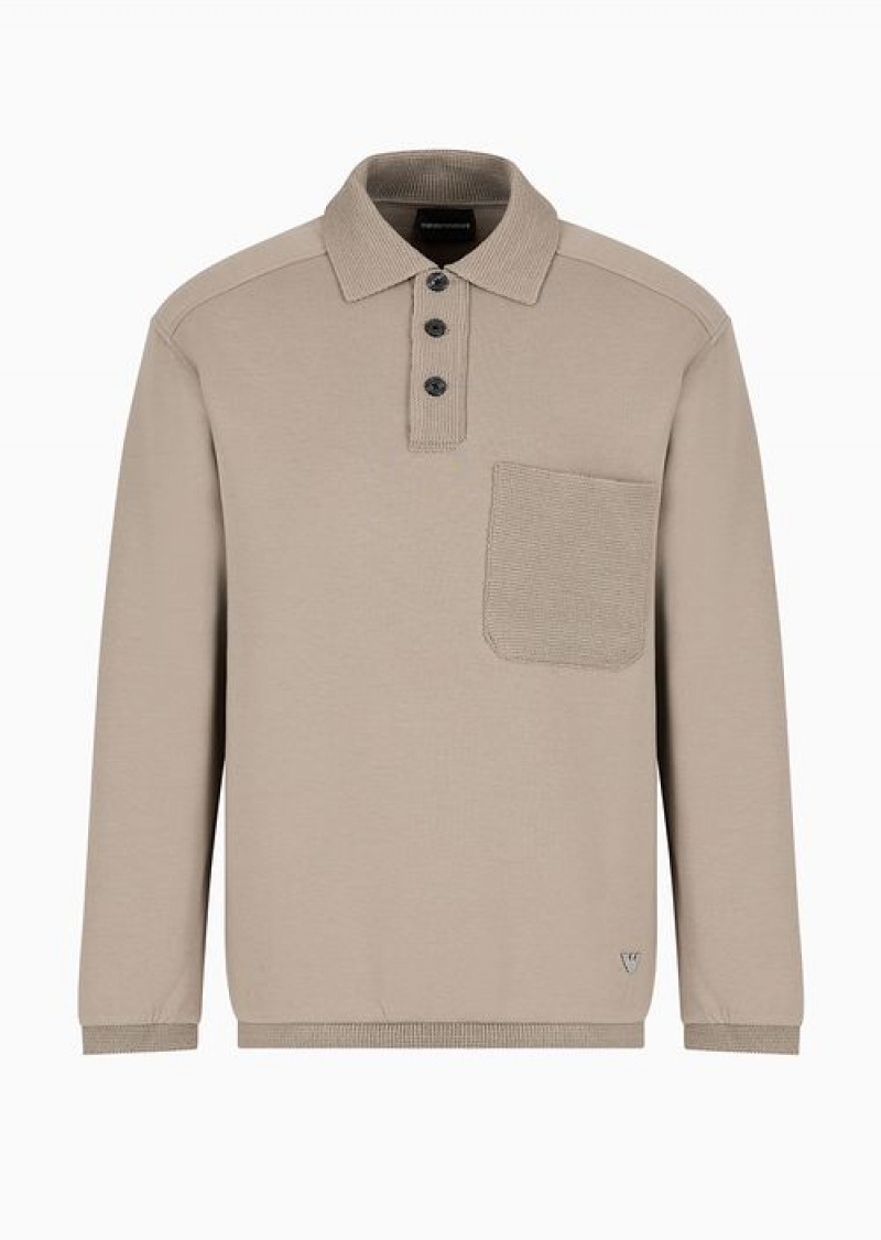 Beige Emporio Armani Double-jersey Oversized Sweatshirt With Polo-shirt Collar, Pocket And Knit Trim | EA-SN58502