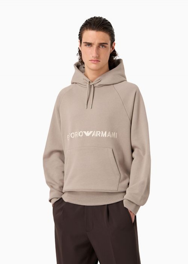 Beige Emporio Armani Heavyweight Jersey Hooded Sweatshirt With Military-style Font Logo Embroidery | EA-SN58505