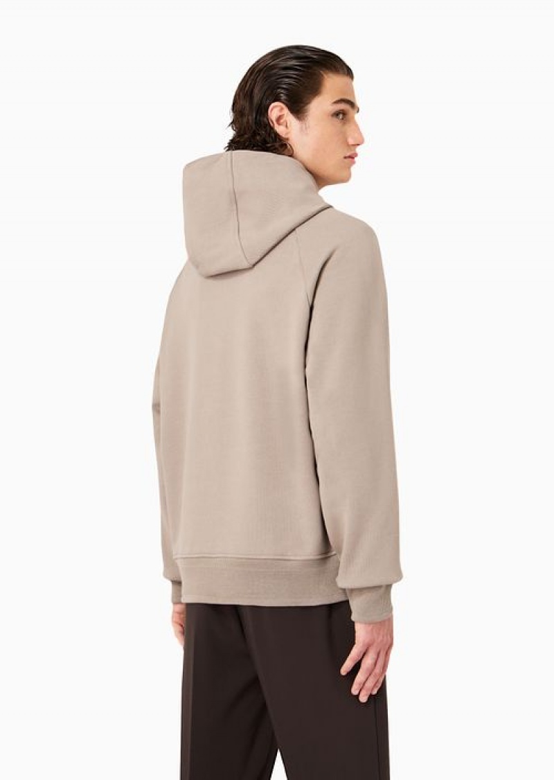 Beige Emporio Armani Heavyweight Jersey Hooded Sweatshirt With Military-style Font Logo Embroidery | EA-SN58505