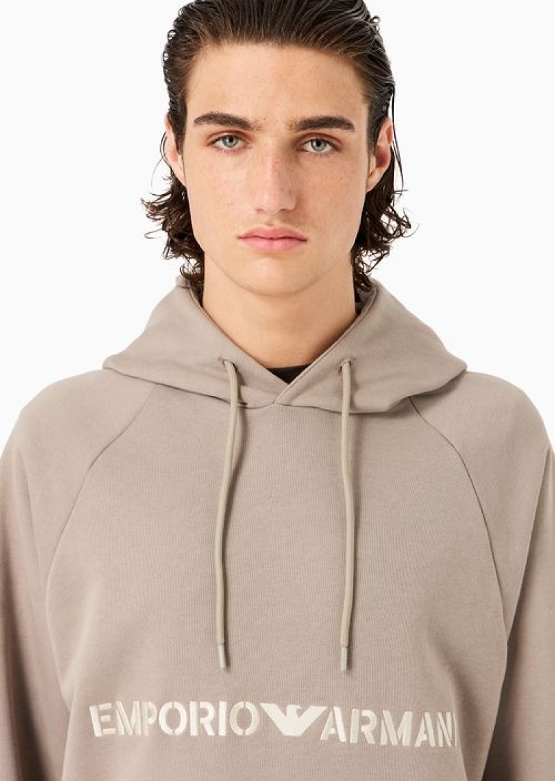 Beige Emporio Armani Heavyweight Jersey Hooded Sweatshirt With Military-style Font Logo Embroidery | EA-SN58505