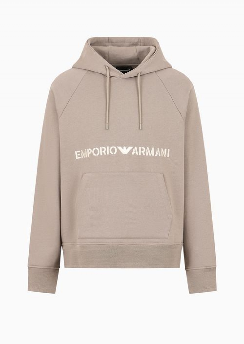 Beige Emporio Armani Heavyweight Jersey Hooded Sweatshirt With Military-style Font Logo Embroidery | EA-SN58505