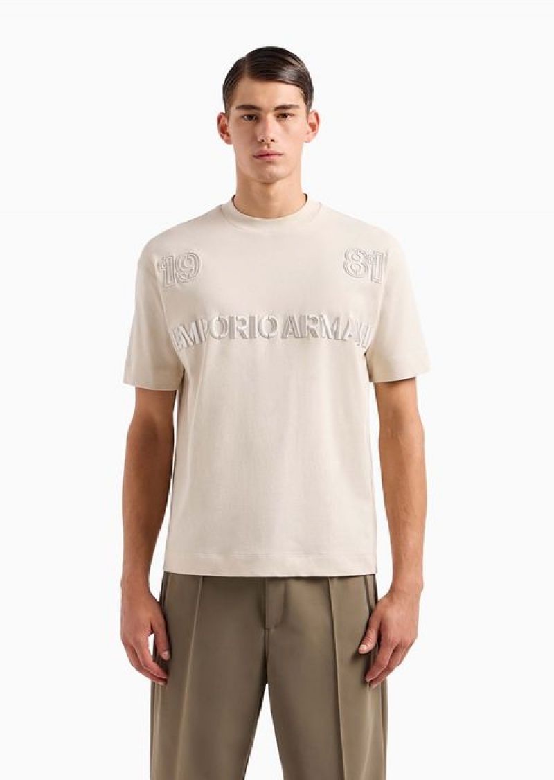 Beige Emporio Armani Heavyweight Jersey T-shirt With Embossed Emporio Armani 1981 Embroidery | EA-SN58607