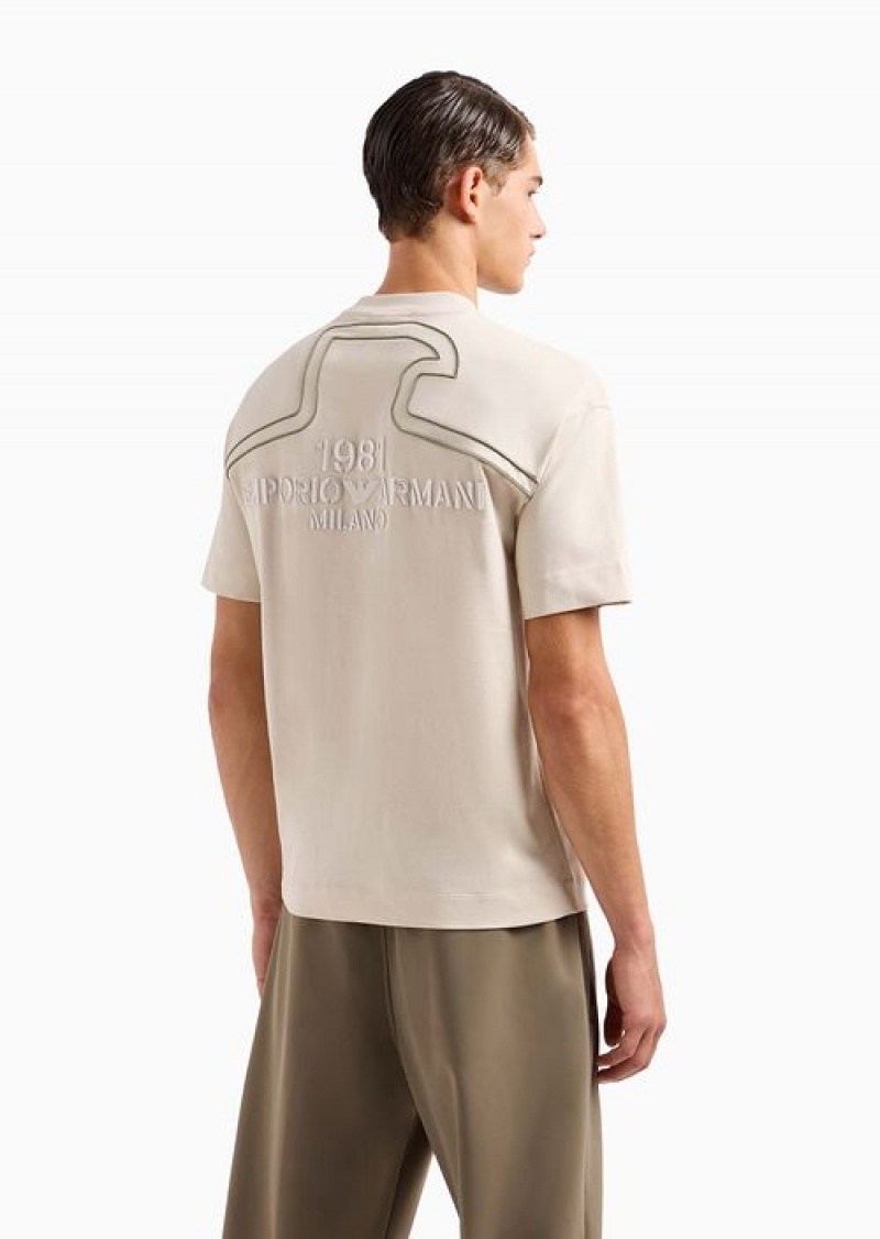 Beige Emporio Armani Heavyweight Jersey T-shirt With Embossed Emporio Armani 1981 Embroidery | EA-SN58607