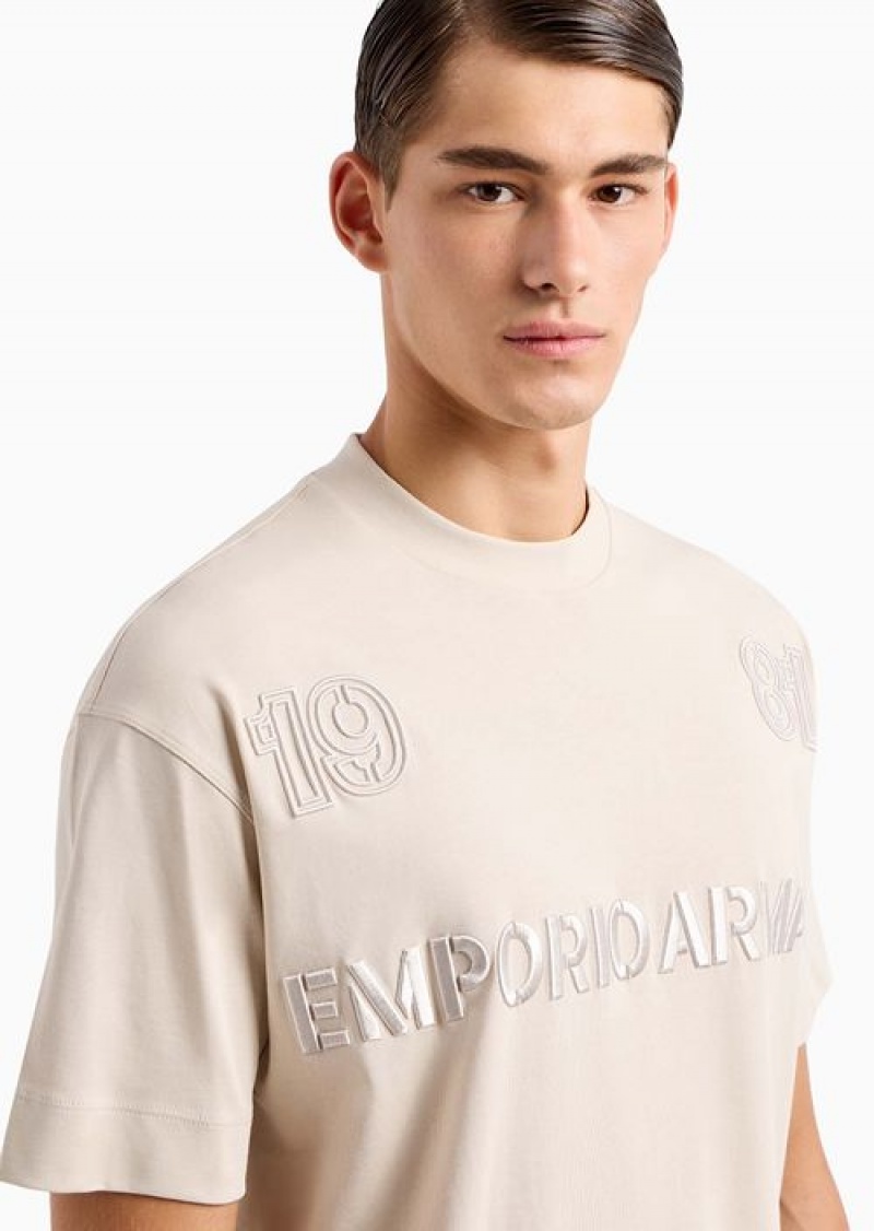 Beige Emporio Armani Heavyweight Jersey T-shirt With Embossed Emporio Armani 1981 Embroidery | EA-SN58607