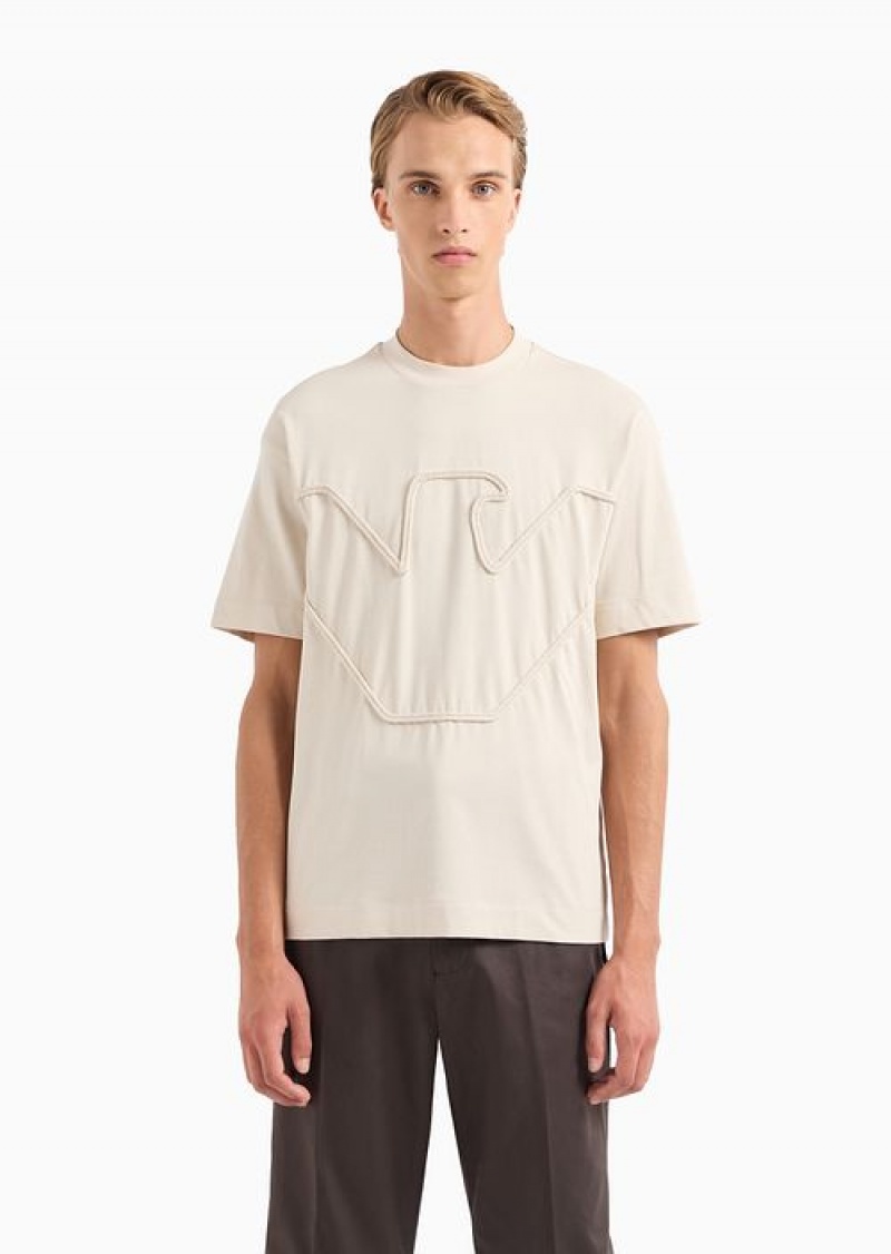 Beige Emporio Armani Heavyweight Jersey T-shirt With Oversized, Raised Cord-effect Embroidery | EA-SN58610