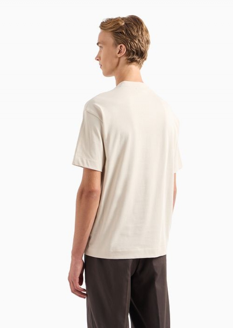 Beige Emporio Armani Heavyweight Jersey T-shirt With Oversized, Raised Cord-effect Embroidery | EA-SN58610