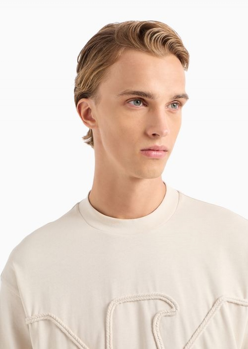 Beige Emporio Armani Heavyweight Jersey T-shirt With Oversized, Raised Cord-effect Embroidery | EA-SN58610