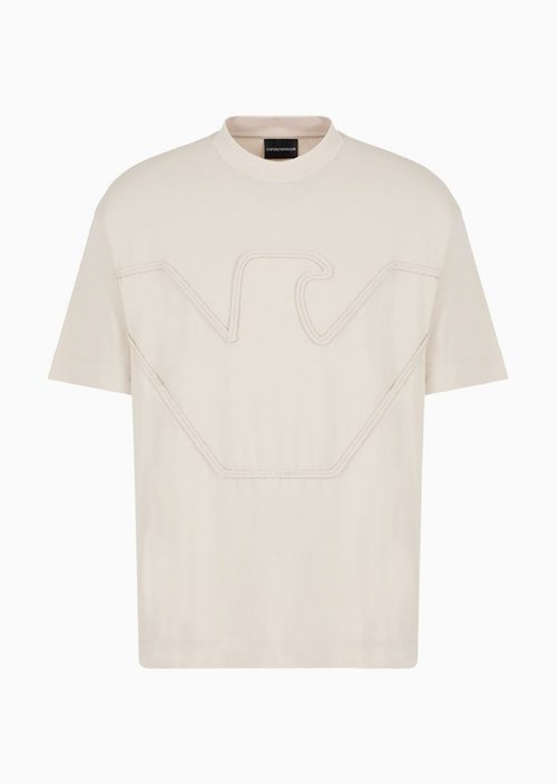 Beige Emporio Armani Heavyweight Jersey T-shirt With Oversized, Raised Cord-effect Embroidery | EA-SN58610