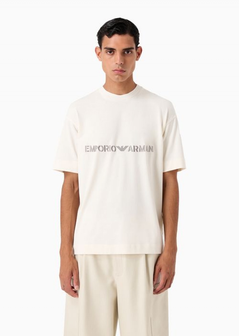 Beige Emporio Armani Heavyweight Jersey T-shirt With Logo Embroidery In A Military Font | EA-SN58646