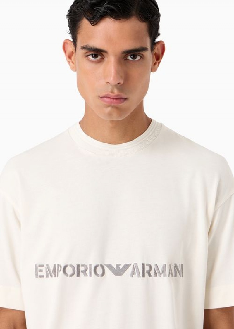 Beige Emporio Armani Heavyweight Jersey T-shirt With Logo Embroidery In A Military Font | EA-SN58646