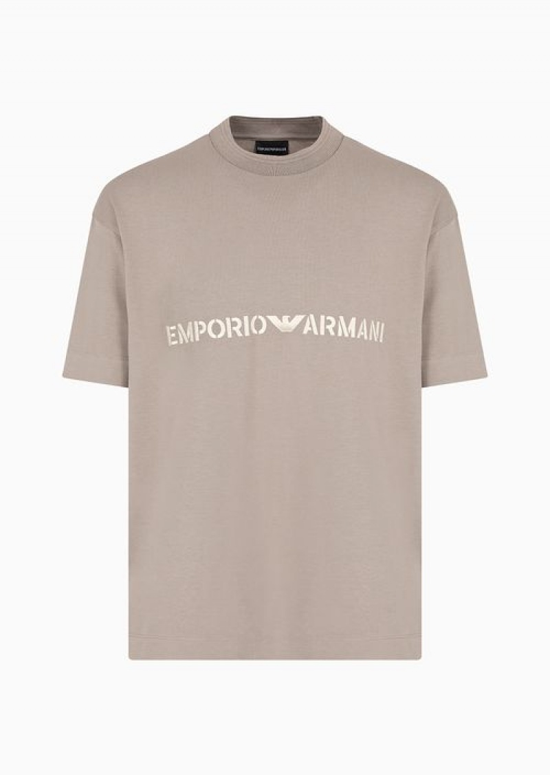 Beige Emporio Armani Heavyweight Jersey T-shirt With Logo Embroidery In A Military Font | EA-SN58646