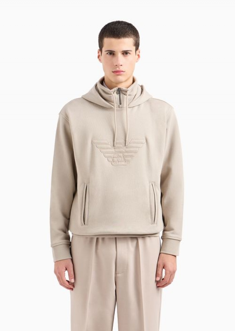 Beige Emporio Armani Hooded Jersey Sweatshirt With Embossed Domed Logo | EA-SN58560