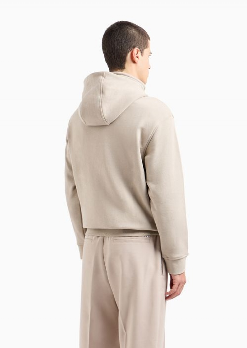 Beige Emporio Armani Hooded Jersey Sweatshirt With Embossed Domed Logo | EA-SN58560