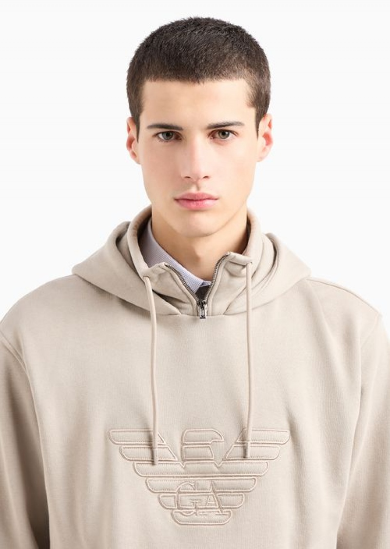 Beige Emporio Armani Hooded Jersey Sweatshirt With Embossed Domed Logo | EA-SN58560