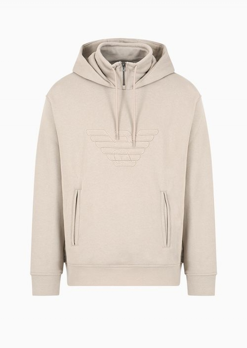 Beige Emporio Armani Hooded Jersey Sweatshirt With Embossed Domed Logo | EA-SN58560