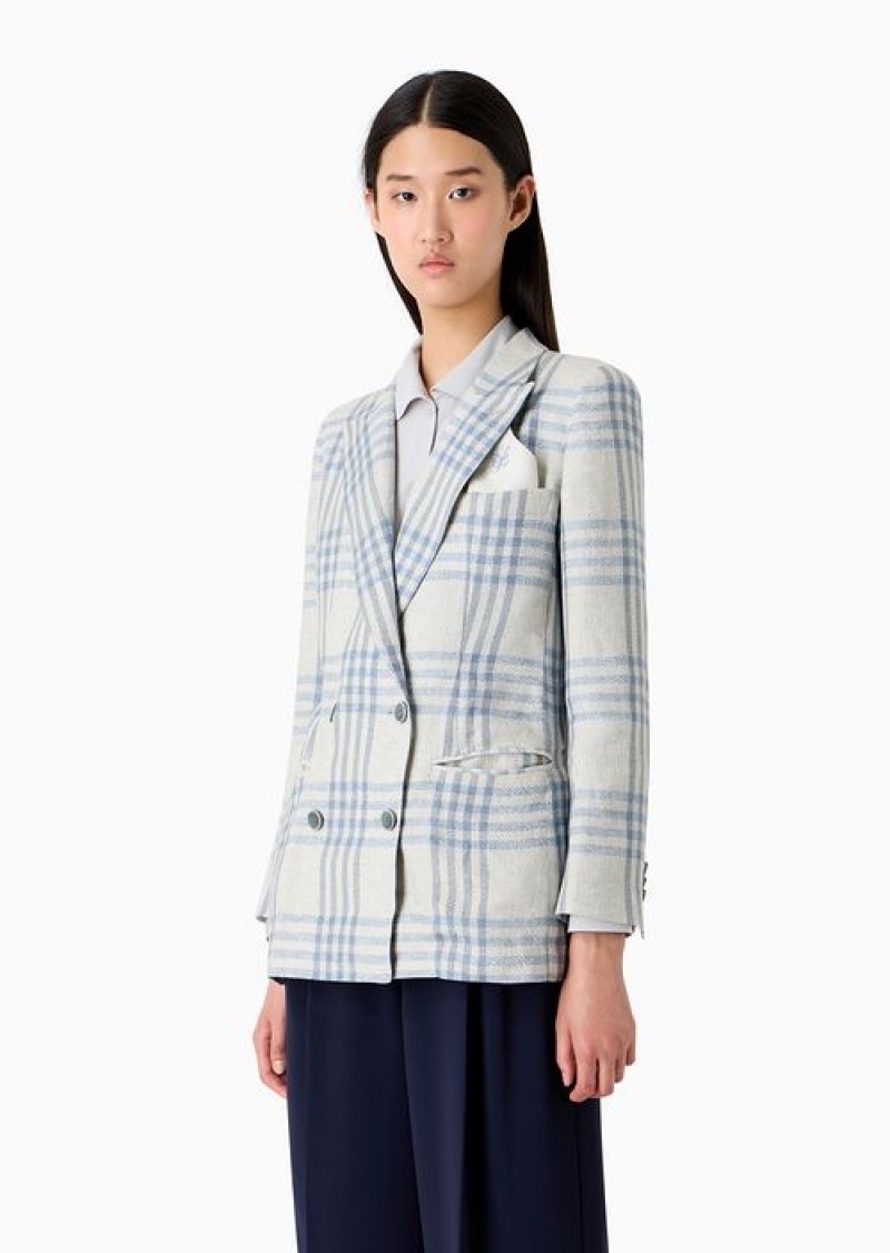 Beige Emporio Armani Icon Double-breasted Linen Blazer With A Jacquard Check Motif | EA-SN56469