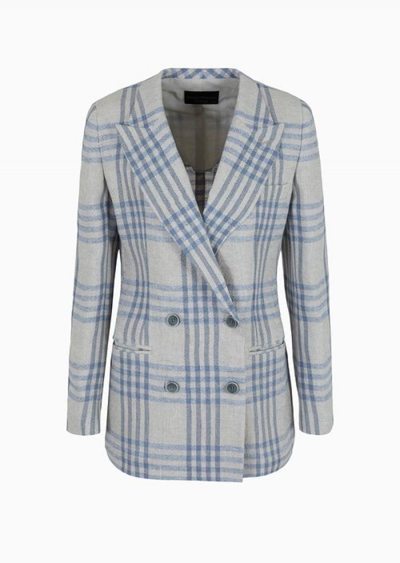 Beige Emporio Armani Icon Double-breasted Linen Blazer With A Jacquard Check Motif | EA-SN56469