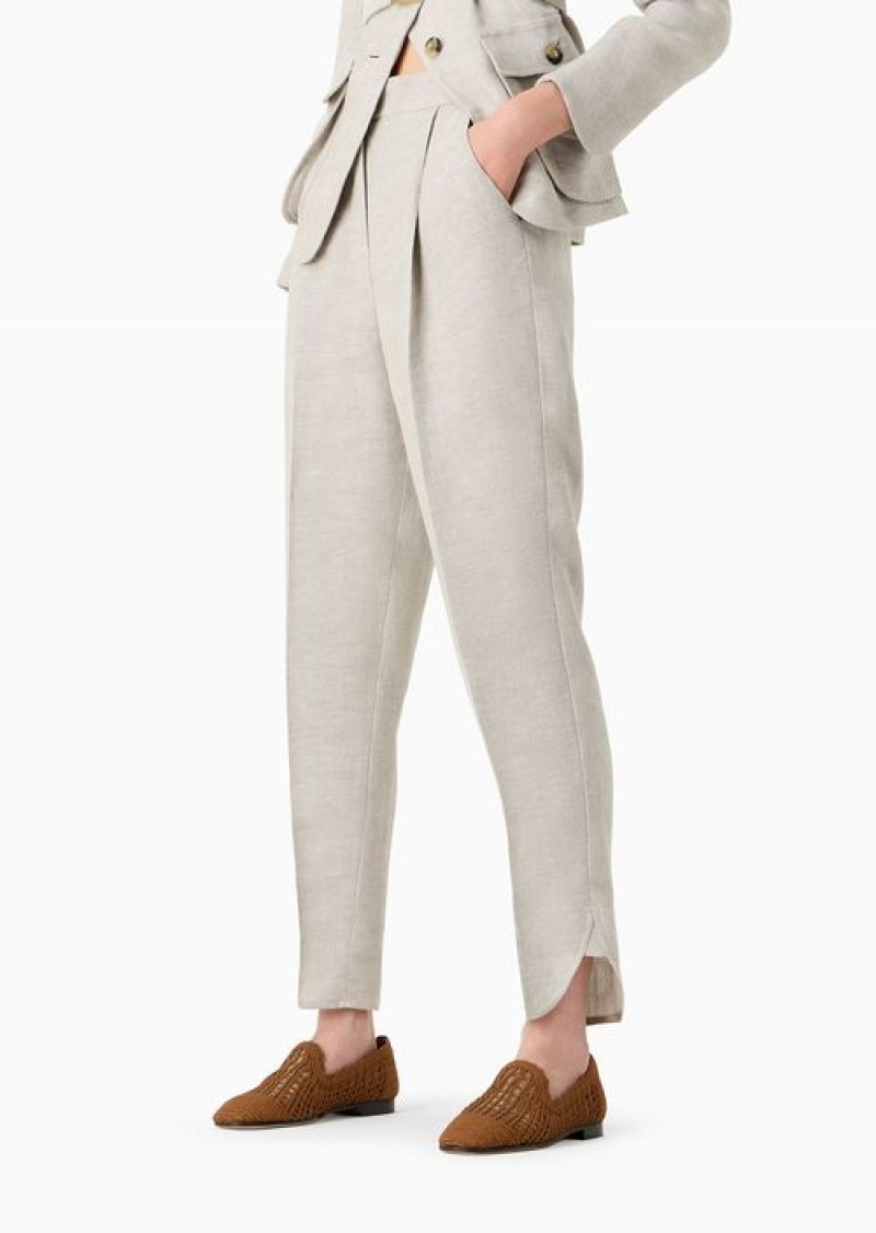 Beige Emporio Armani Icon Oval-leg Trousers In Hemp And Linen-blend Drill | EA-SN56879