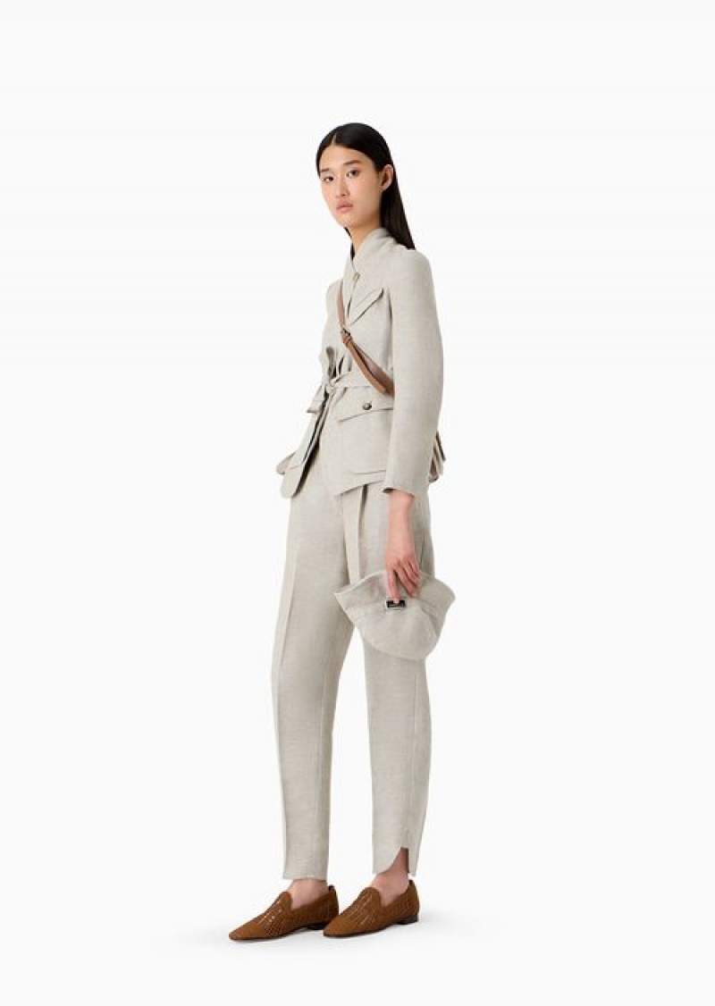 Beige Emporio Armani Icon Oval-leg Trousers In Hemp And Linen-blend Drill | EA-SN56879