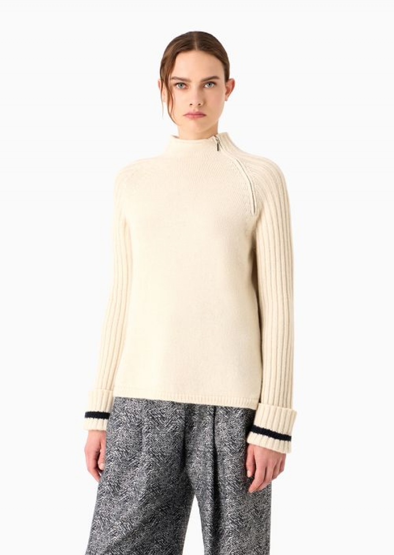 Beige Emporio Armani Icon Ribbed-sleeve Cashmere-blend Turtleneck Jumper | EA-SN56681