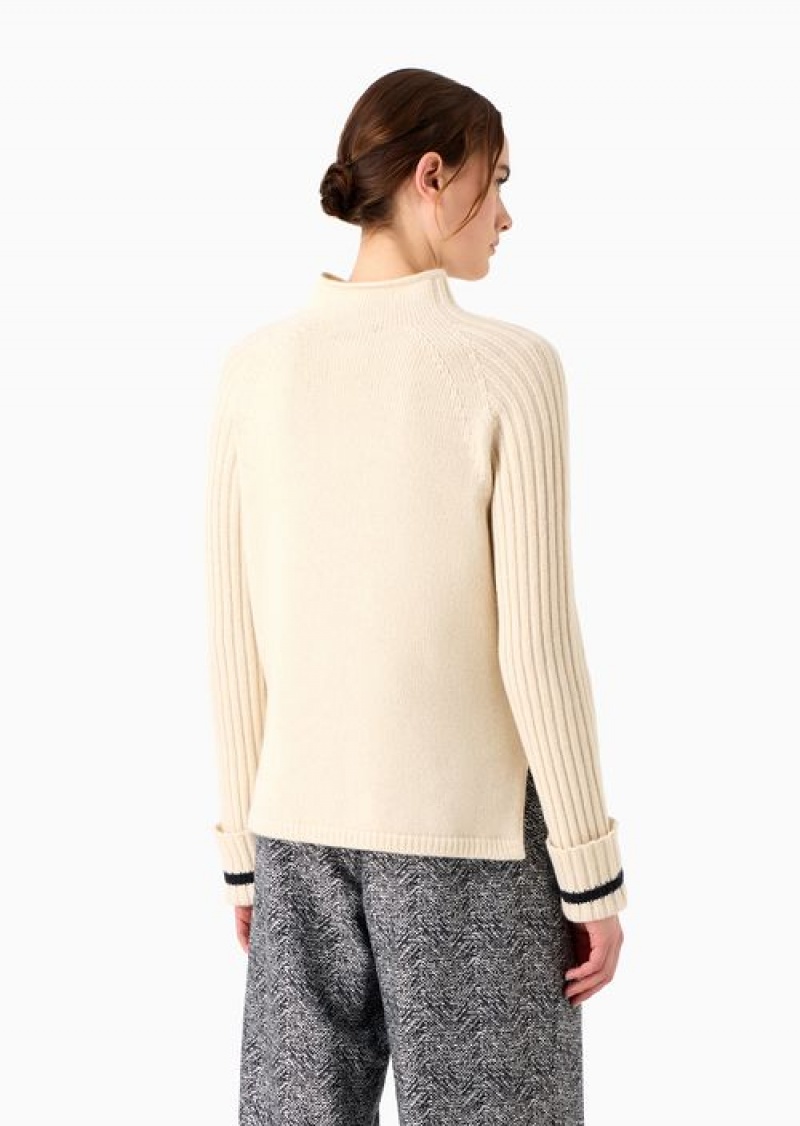 Beige Emporio Armani Icon Ribbed-sleeve Cashmere-blend Turtleneck Jumper | EA-SN56681