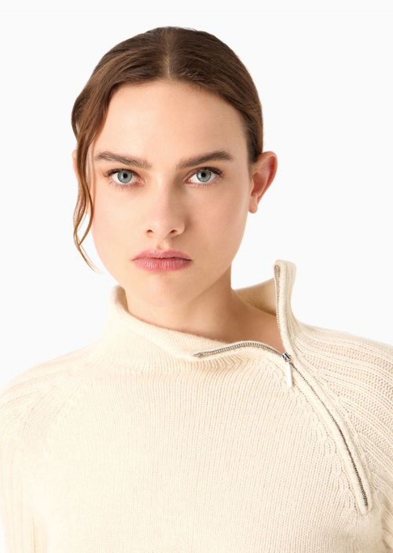 Beige Emporio Armani Icon Ribbed-sleeve Cashmere-blend Turtleneck Jumper | EA-SN56681