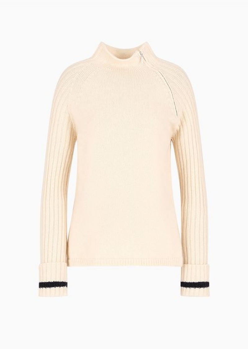 Beige Emporio Armani Icon Ribbed-sleeve Cashmere-blend Turtleneck Jumper | EA-SN56681