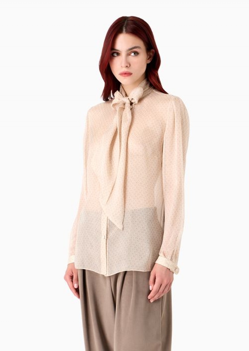 Beige Emporio Armani Icon Silk Chiffon Shirt With Foulard Collar And Oversized Knitwear-effect Print | EA-SN56919